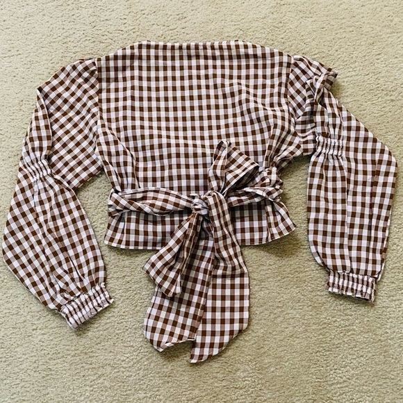 Selfie Leslie Womens Size L Brown White Gingham Crossover Back Tie Crop Top - Picture 1 of 4